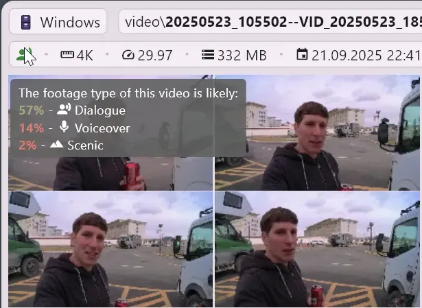 Footage type filter showing dialog, voiceover, and scenic categories.