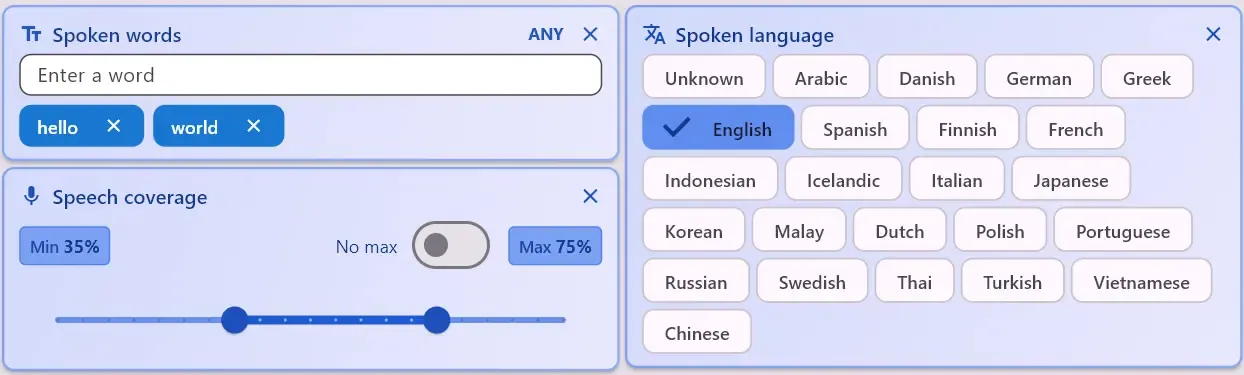 ClipCatalog transcript filters showing spoken word search, transcription language picker, and speech coverage slider.