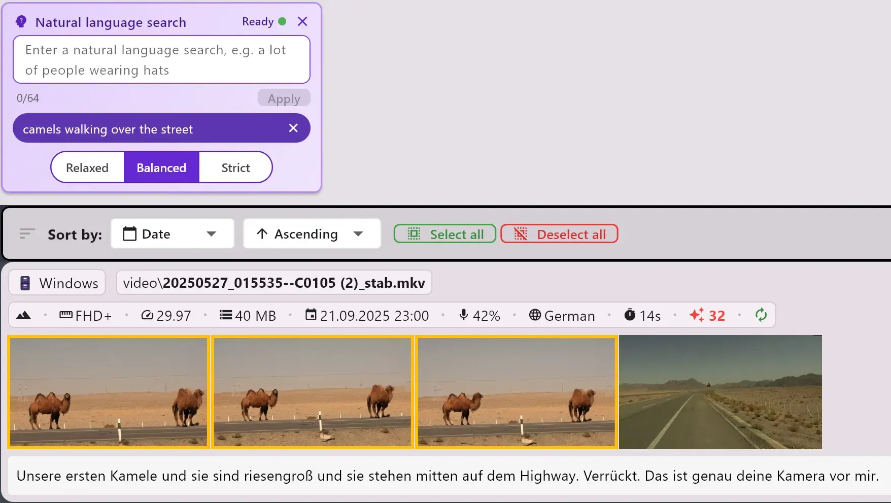 Filtre de recherche video en langage naturel dans ClipCatalog avec requete en texte libre, controles de precision semantique et tri par pertinence.
