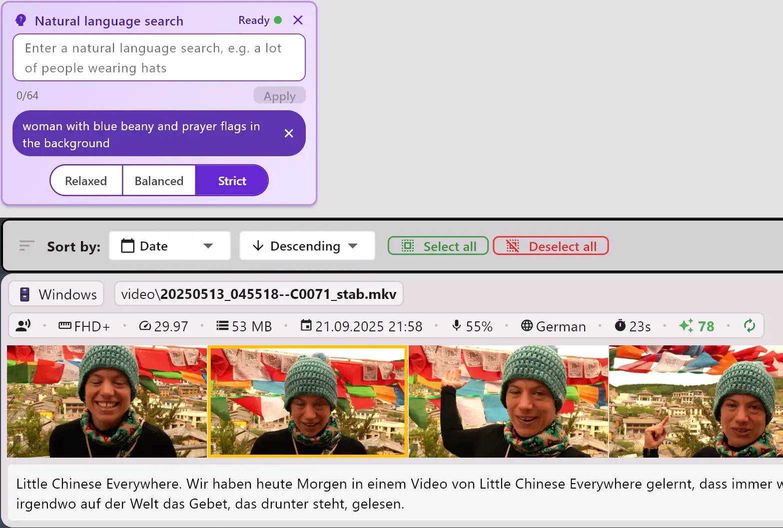 Resultats de recherche video semantique dans ClipCatalog tries par pertinence semantique.