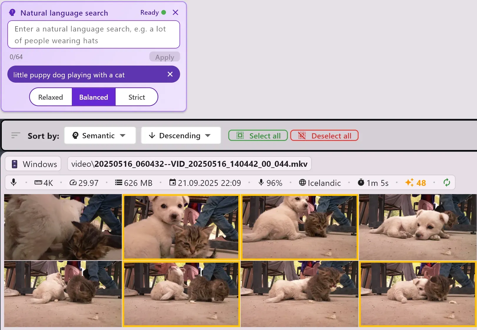 自然言語クエリに対するClipCatalogの検索結果（セマンティック関連度スコア順に並べ替え）。