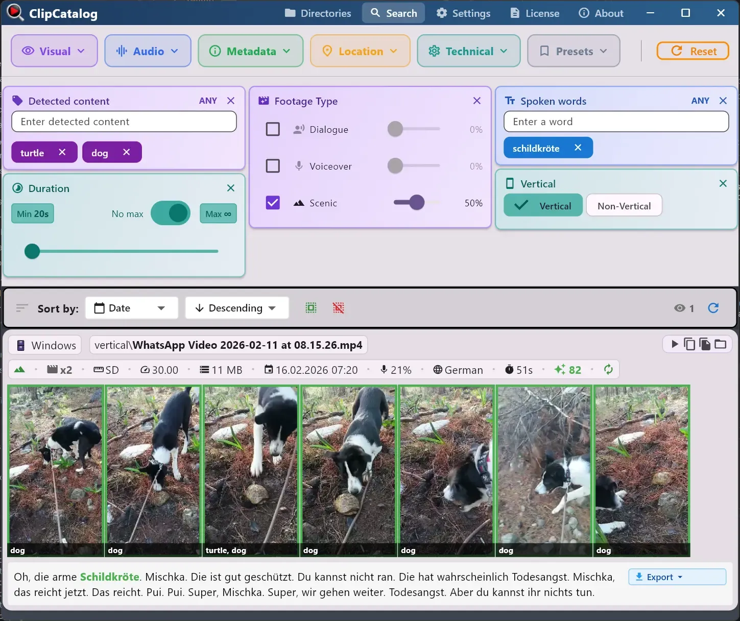 ClipCatalog interface showing a searchable video library with content filters and transcript search.