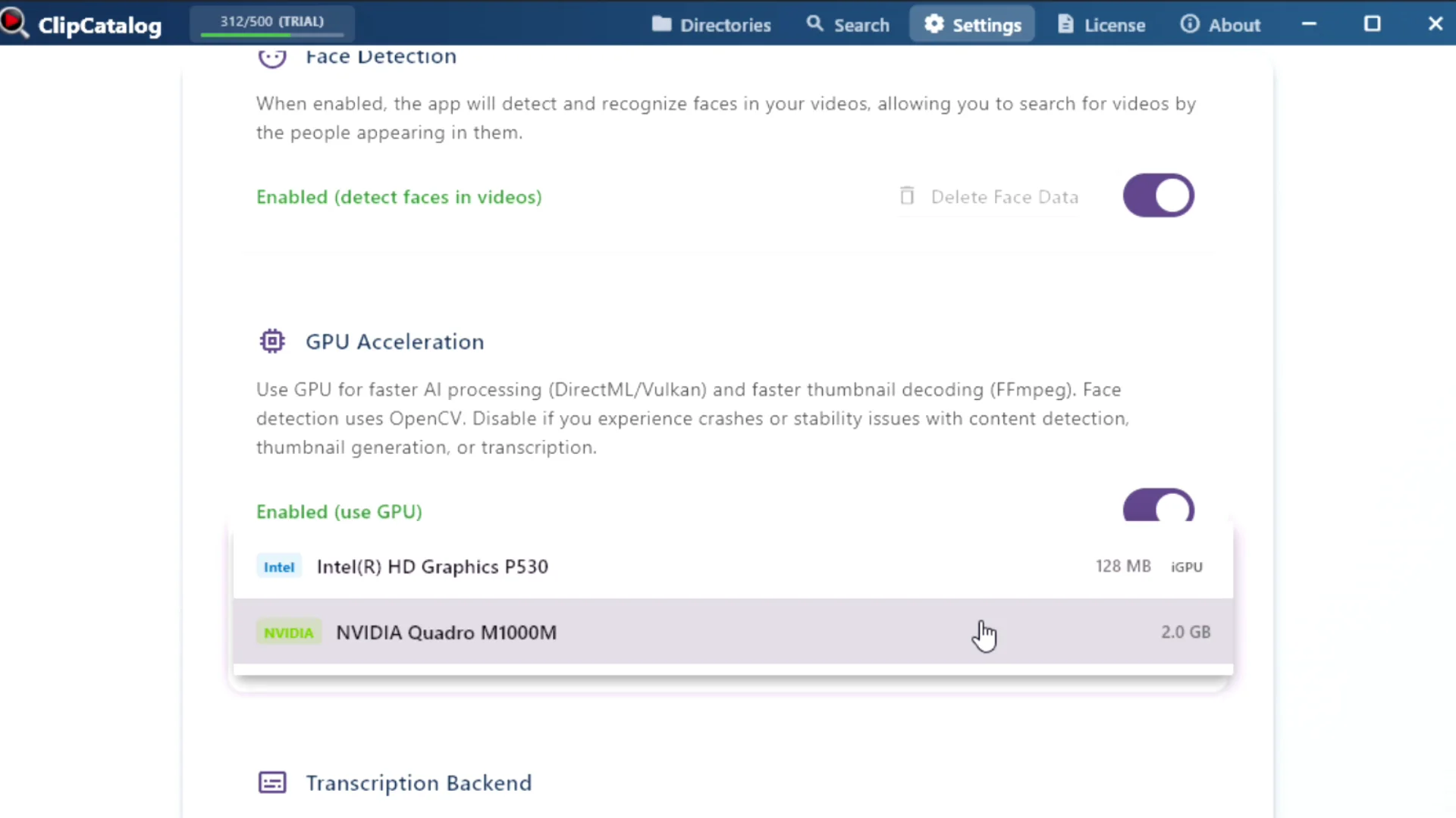 ClipCatalog GPU selection dropdown showing NVIDIA, AMD, and Intel GPUs with VRAM and vendor badges