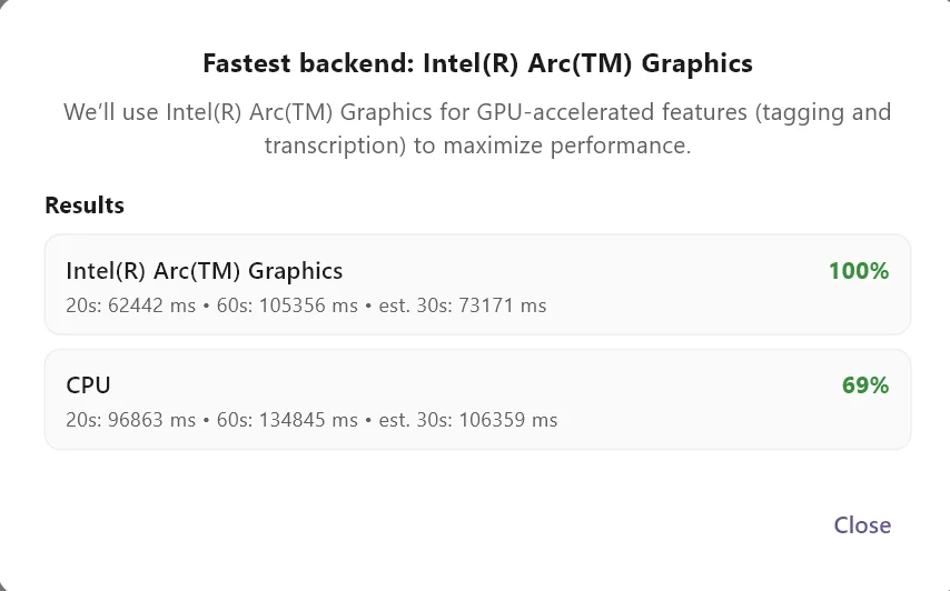 ClipCatalog built-in transcription benchmark showing GPU vs CPU speed results on an Intel Arc GPU
