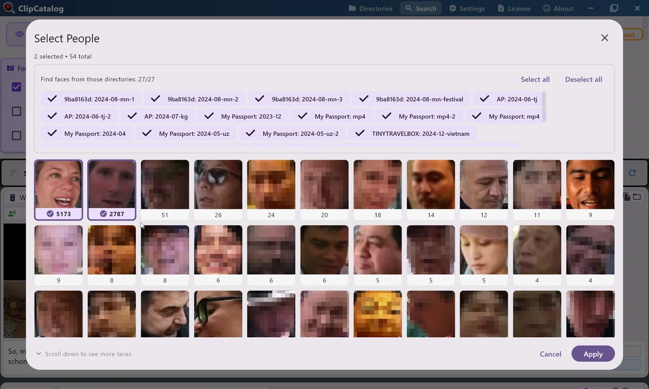 Gesichter-Auswahlfilter in ClipCatalog.