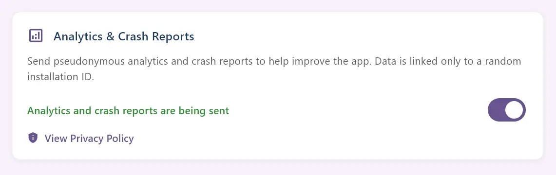ClipCatalog Settings showing the Analytics and Crash Reports opt-in toggle with a link to the Privacy Policy